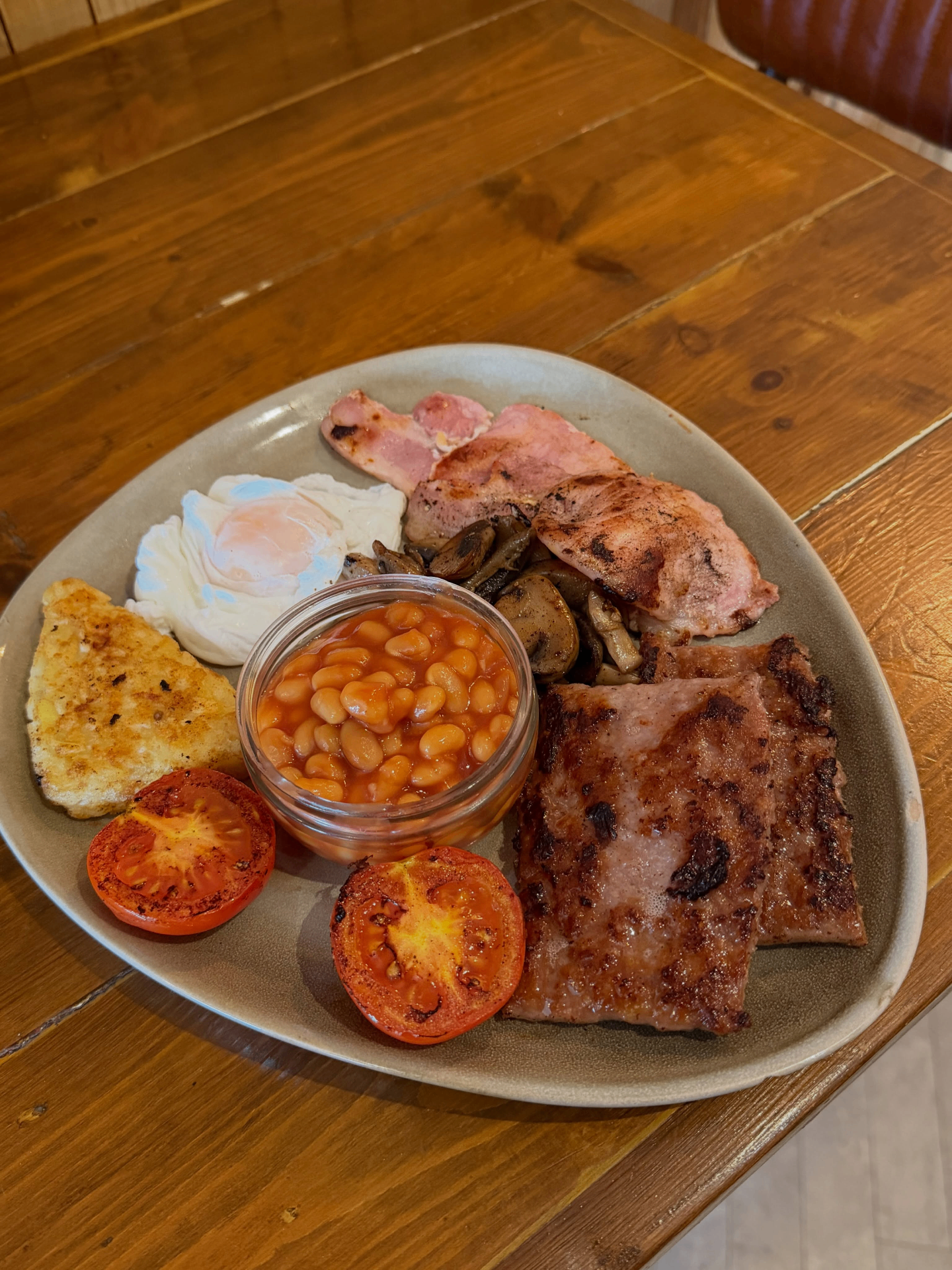 Full English breakfast on a white plate